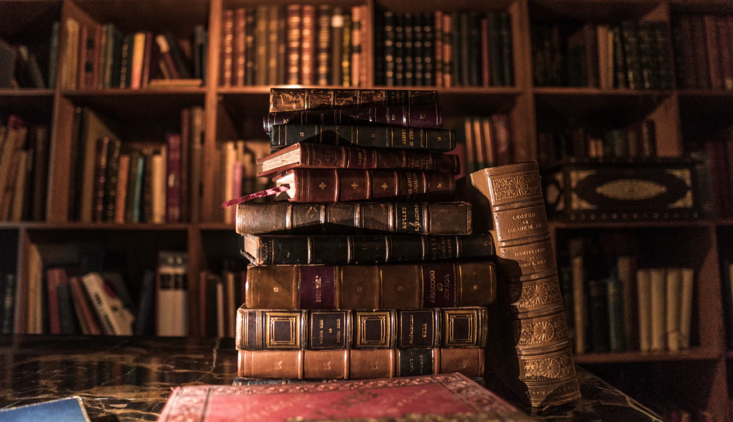 Piled Books on Brown Wooden Shelf